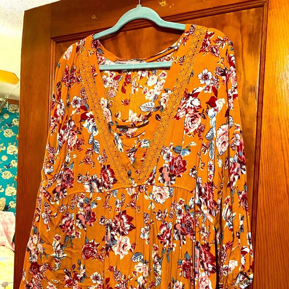 Almost Famous mustard floral Tunic Top